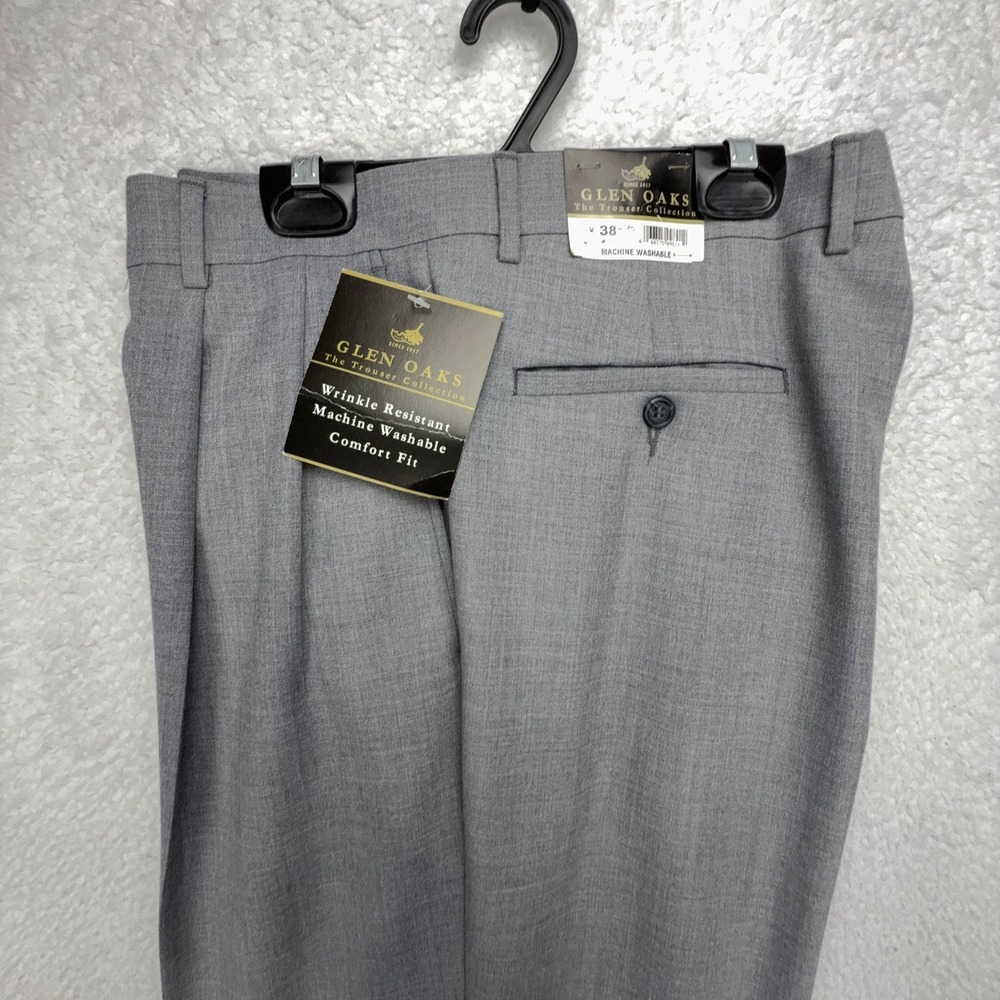 Glen Oaks Trouser Collection Mens 38x30 Gray Comfort Fit Pleated Dress Pants NEW